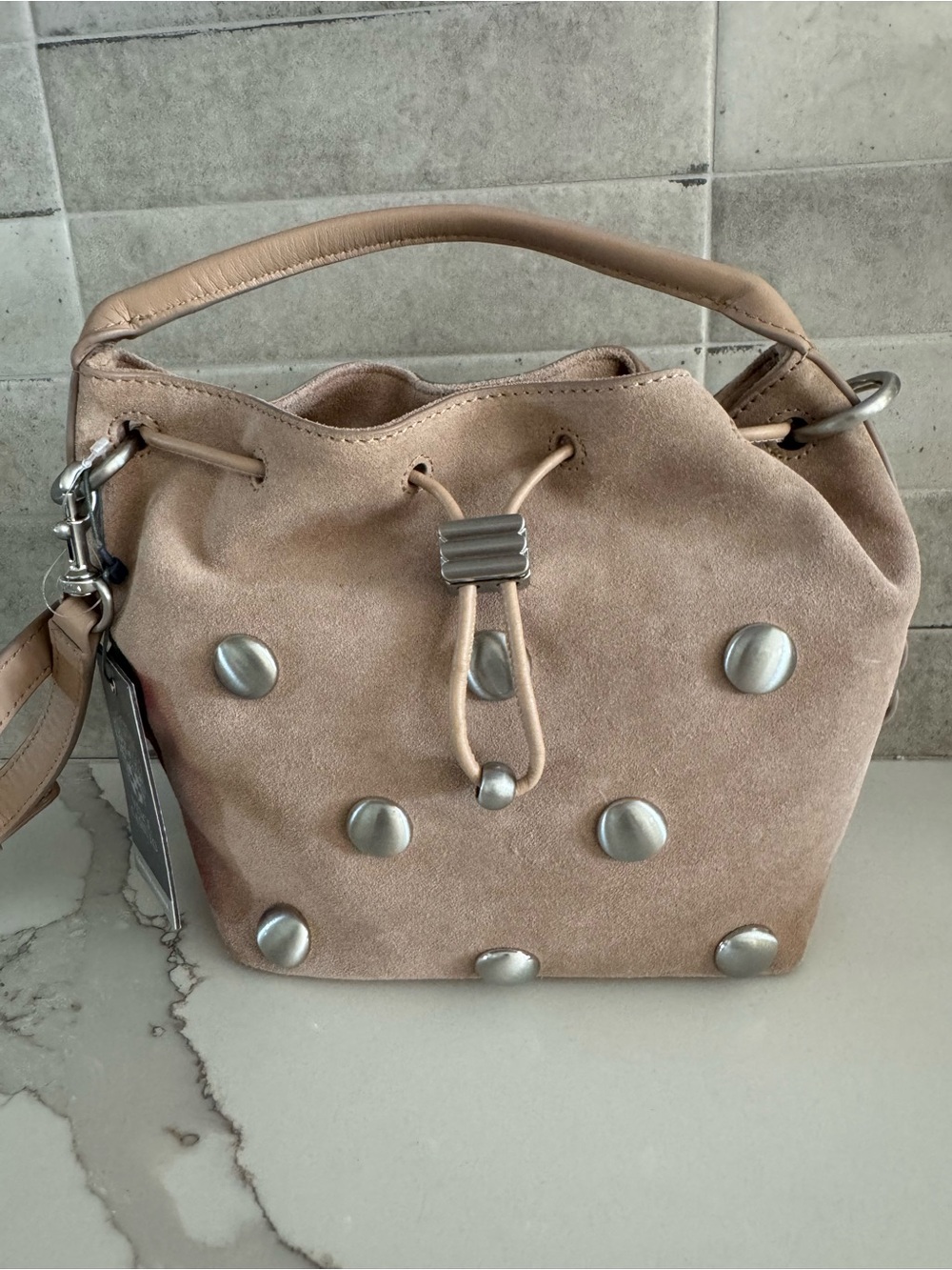 NWT VINCE CAMUTO Pippa Suede Leather Stud Bucket Bag in Cappuccino Color